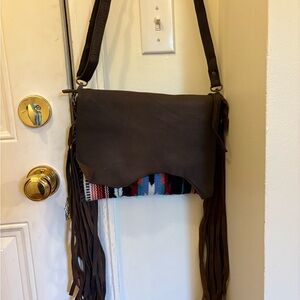 American Darling Brown Leather Crossbody with Fringe and Woven Pattern